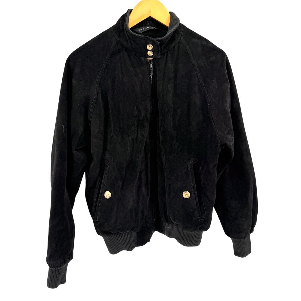 Vintage 80s Authentic Imports Genuine Leather Black Suede Preppy Bomber Jacket